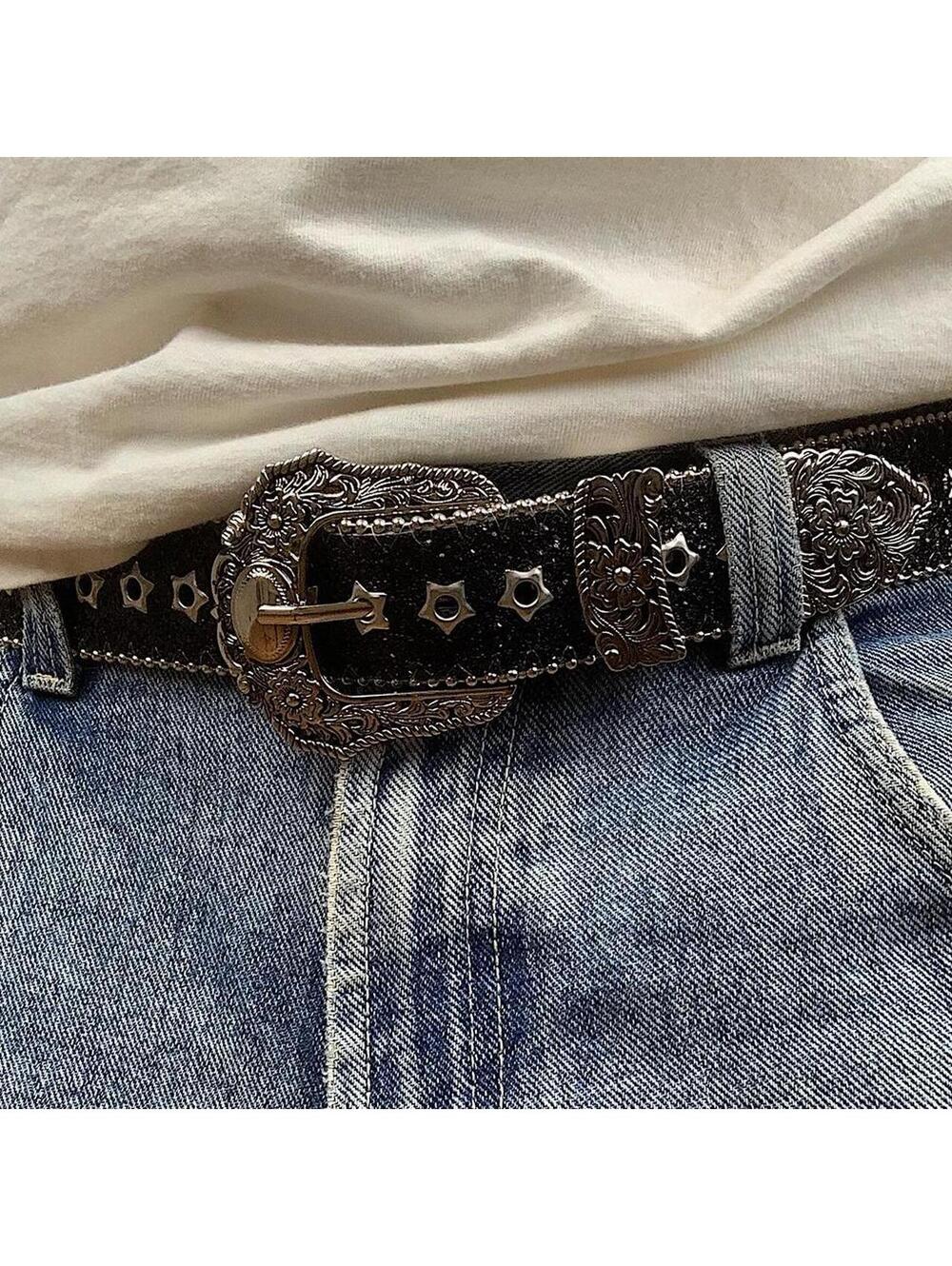 Y2k Style Studded Black and Silver 2-Tone Rhinestone belt. Cool grunge/punk - Picture 3 of 8